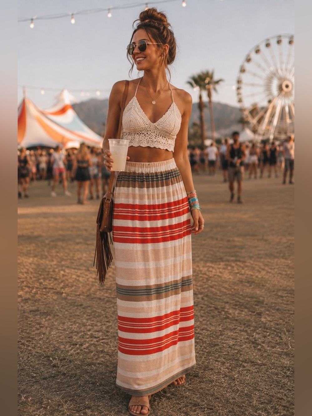Striped High Waist Maxi Skirt Lined Boho Coastal Stretch Pull On Size Small